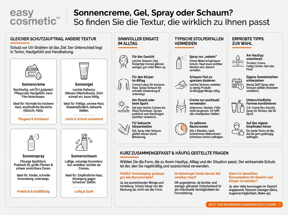 Welche Unterschiede gibt es zwischen Sonnencreme, Sonnengel, Sonnenspray und Sonnenschaum?