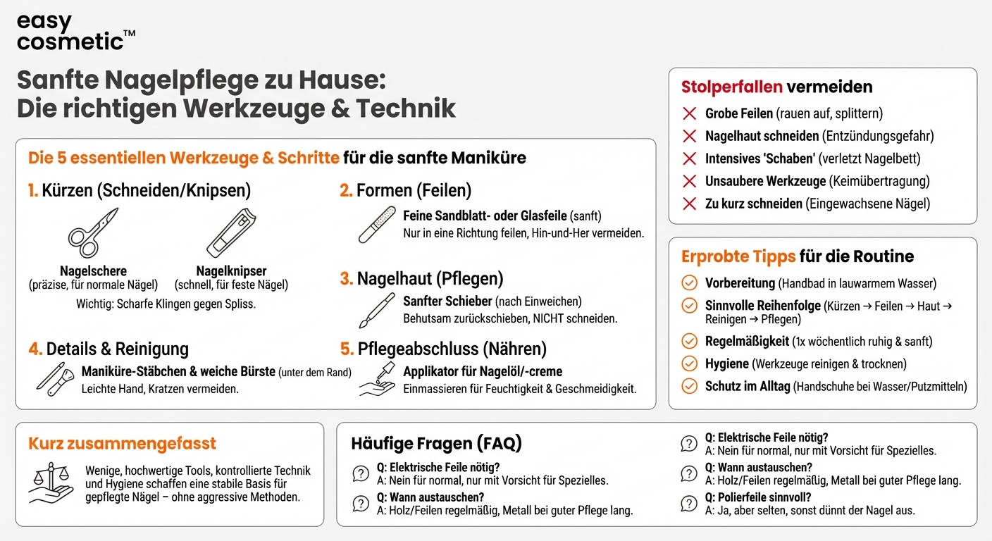 Welche Werkzeuge brauche ich für eine gründliche, aber sanfte Nagelpflege zu Hause?