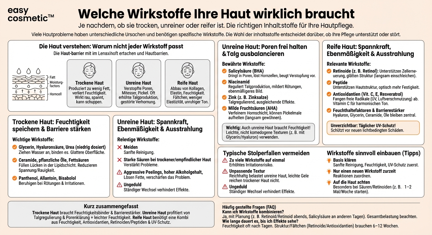 Welche Wirkstoffe sind bei trockener, unreiner oder reifer Haut besonders wichtig?