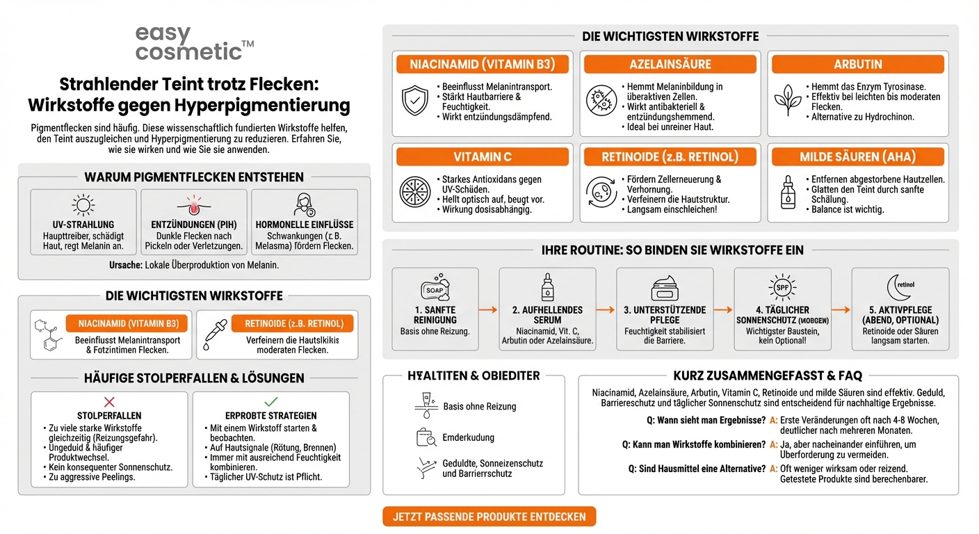 Welche Wirkstoffe sind sinnvoll gegen Pigmentflecken und Hyperpigmentierung (z.B. Niacinamid, Azelainsäure, Arbutin)?