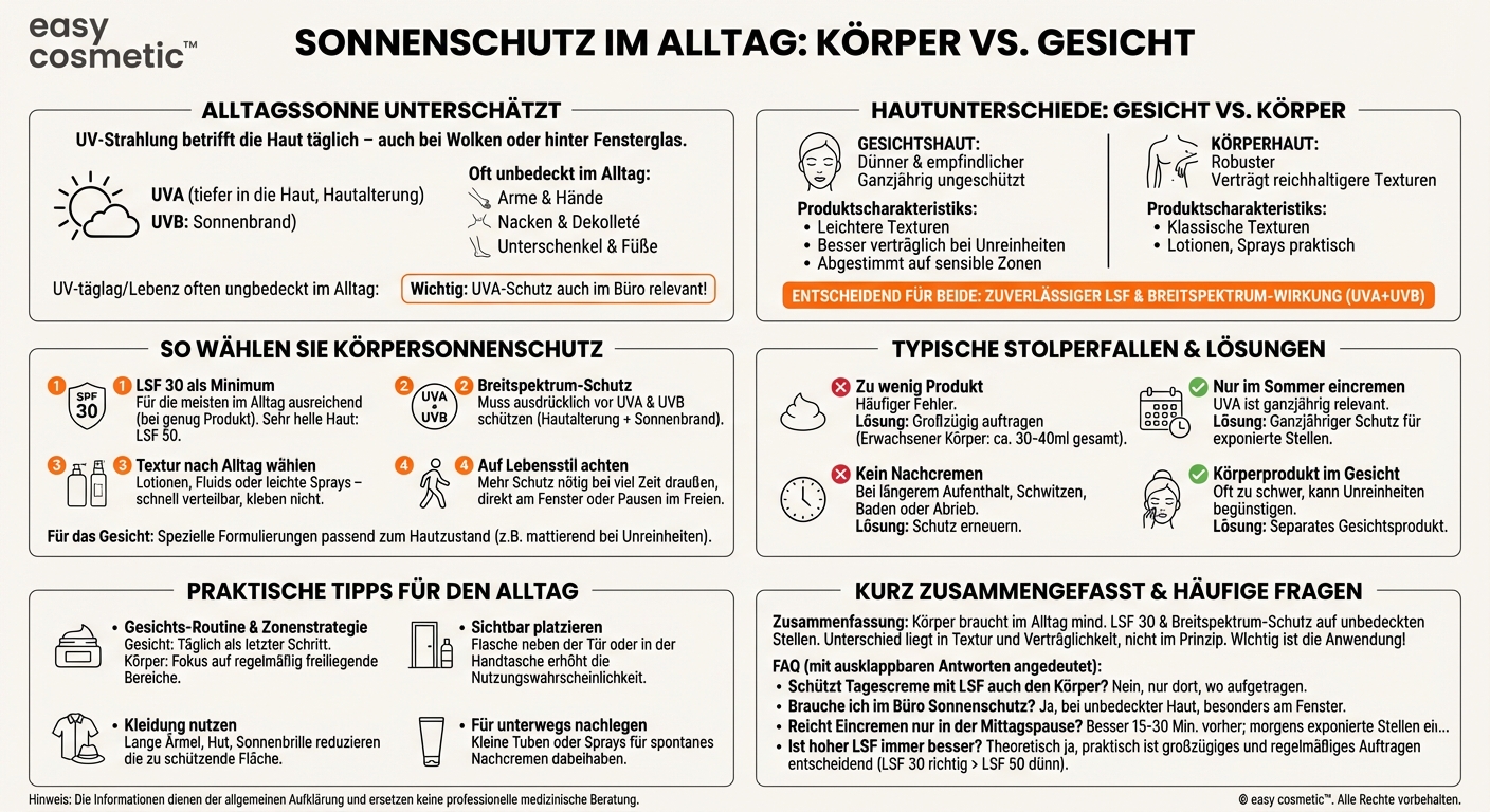 Welcher Sonnenschutz ist für den Körper im Alltag sinnvoll und unterscheidet er sich vom Gesichtssonnenschutz?