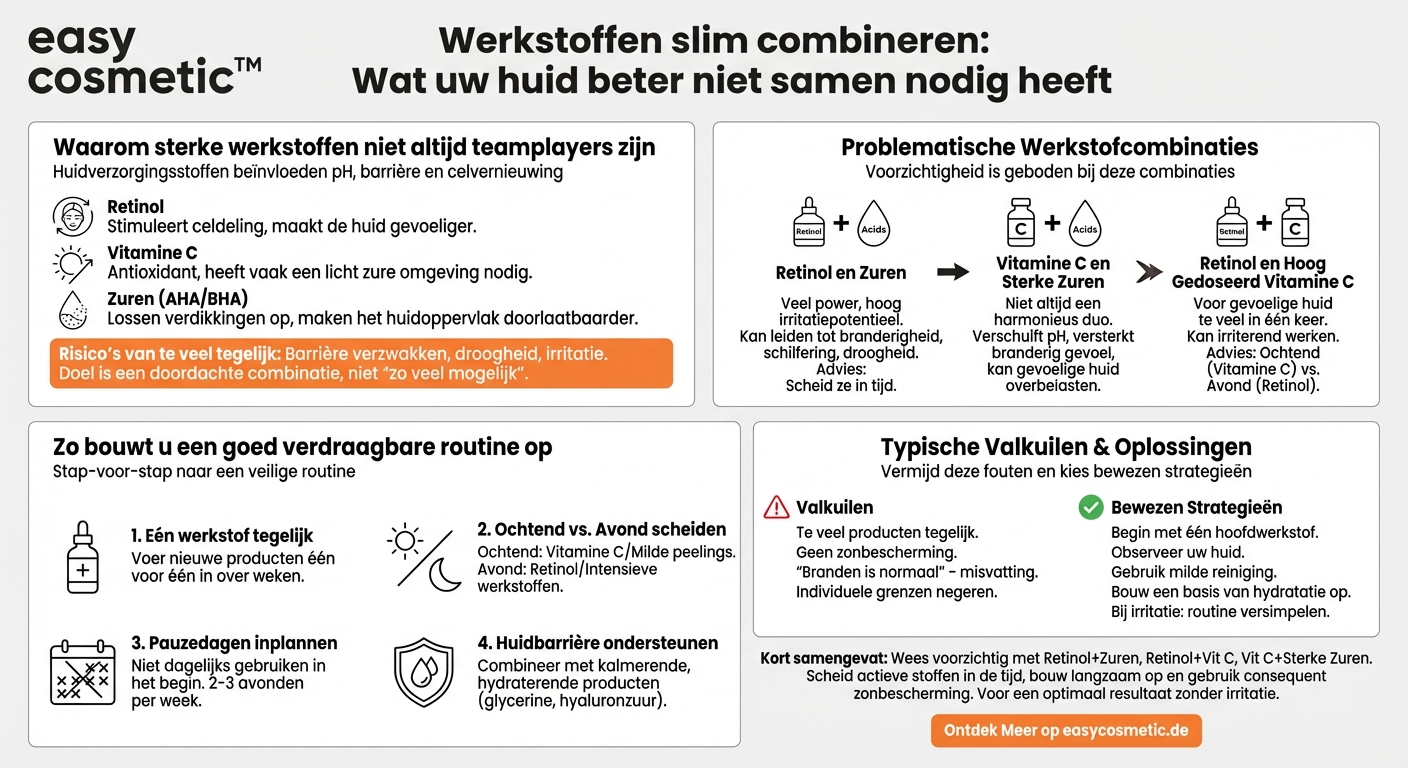 Welke actieve ingrediënten moet ik niet met elkaar combineren (bijv. retinol, vitamine C, zuren)?