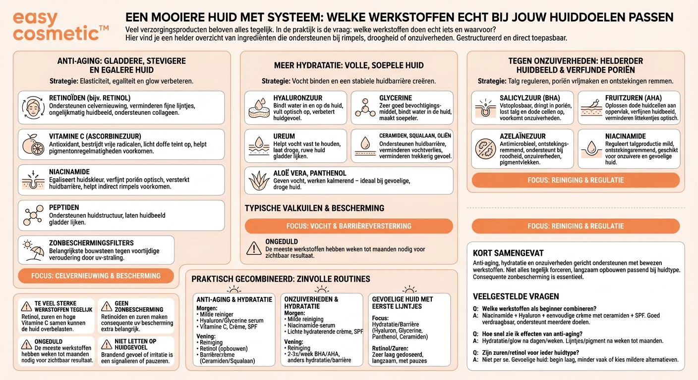 Welke actieve ingrediënten zijn geschikt voor anti-aging, hydratatie of tegen onzuiverheden?