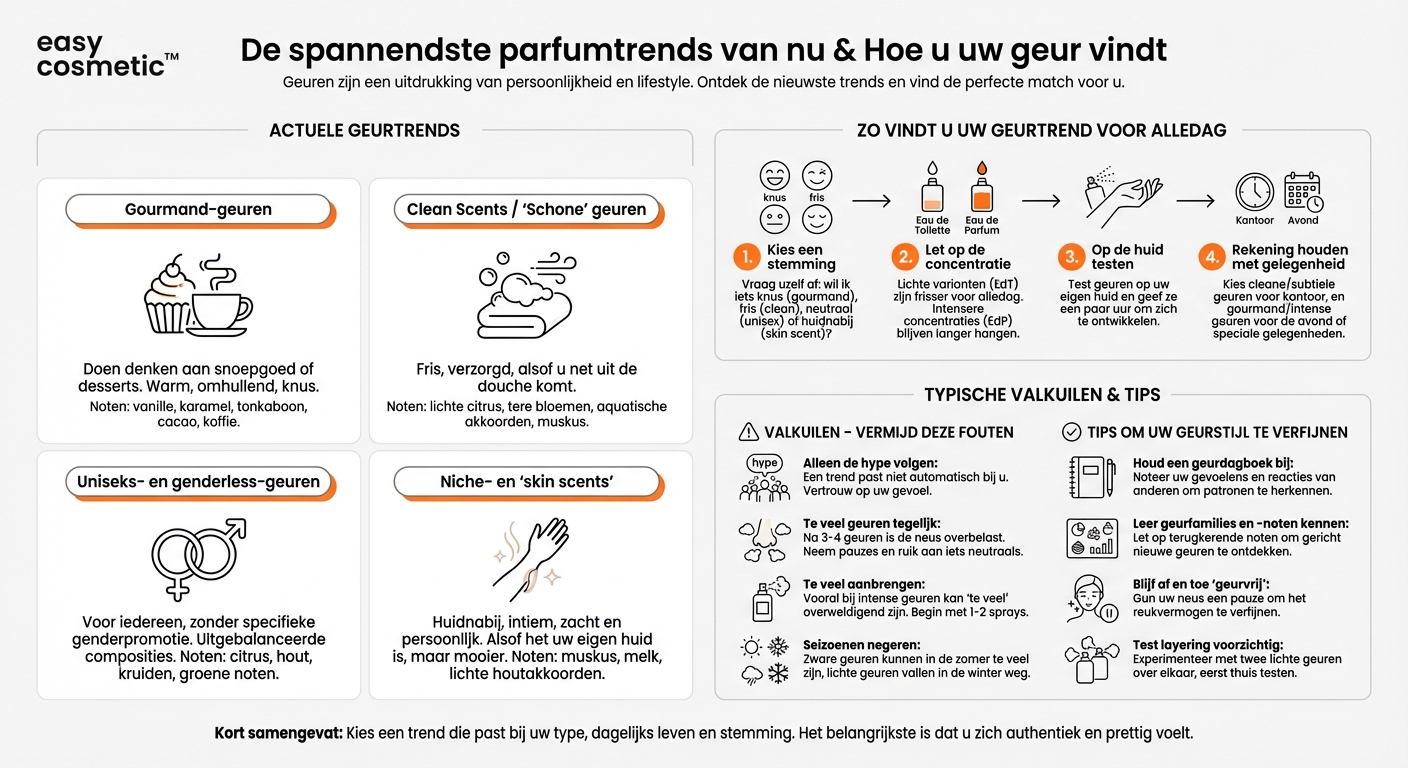 Welke actuele geurtrends zijn er (bijv. gourmand, clean scents, unisex)?