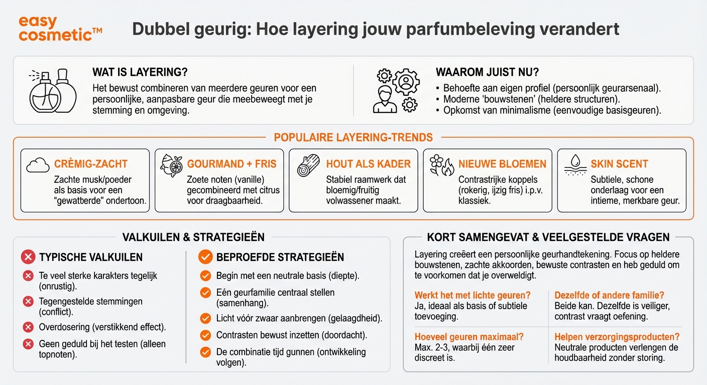Welke actuele ontwikkelingen op het gebied van layering en geuren combineren zijn er?