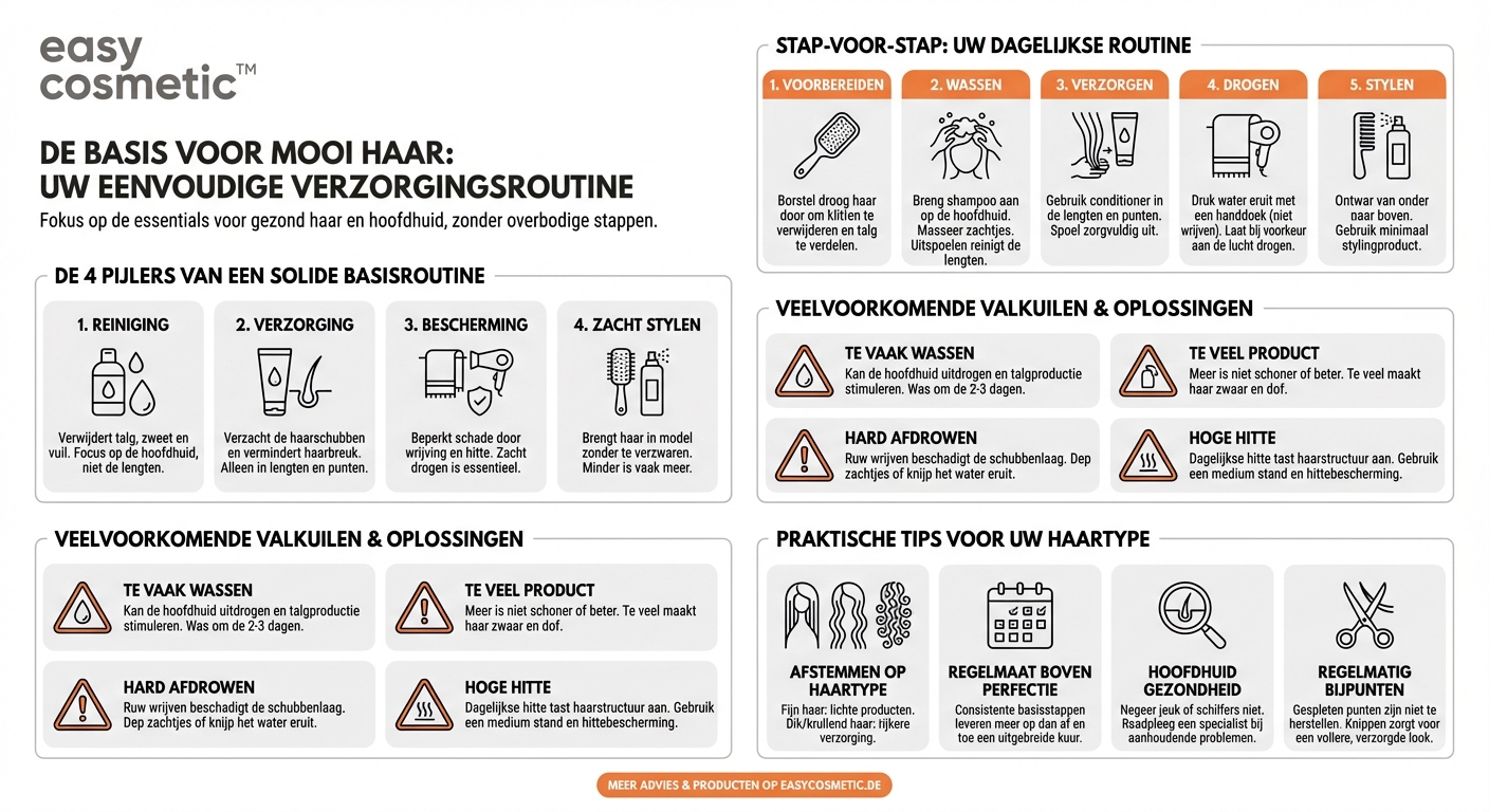 Welke basisstappen moet een eenvoudige haarverzorgingsroutine bevatten?
