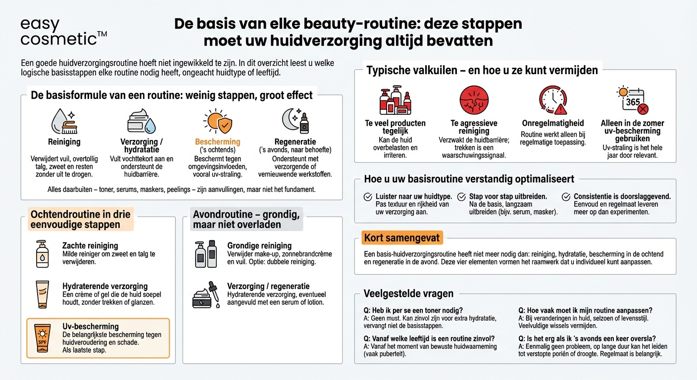 Welke basisstappen moet iedere huidverzorgingsroutine bevatten?