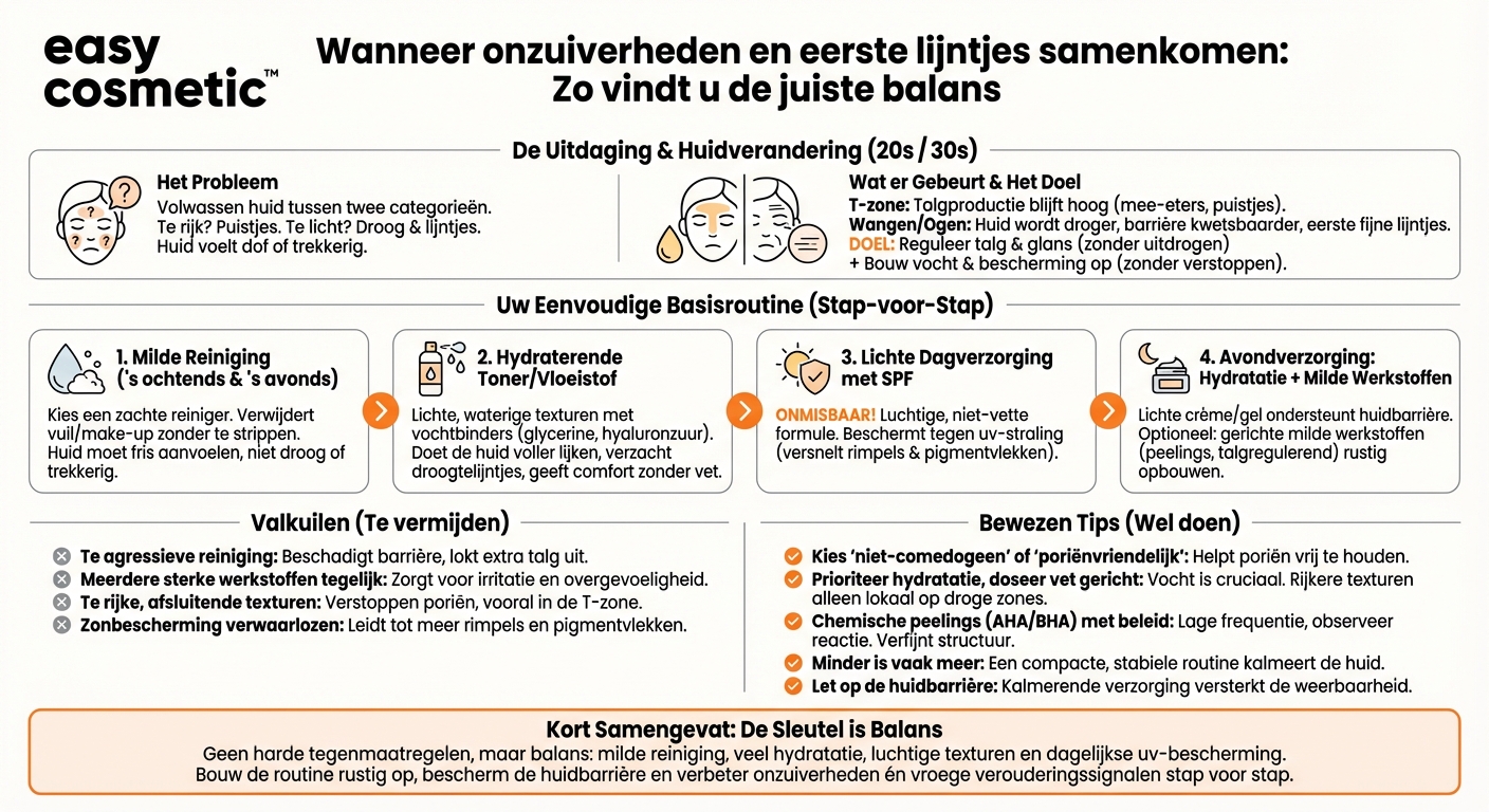 Welke basisverzorging is geschikt voor een volwassen huid die neigt tot onzuiverheden en tegelijkertijd de eerste lijntjes vertoont?