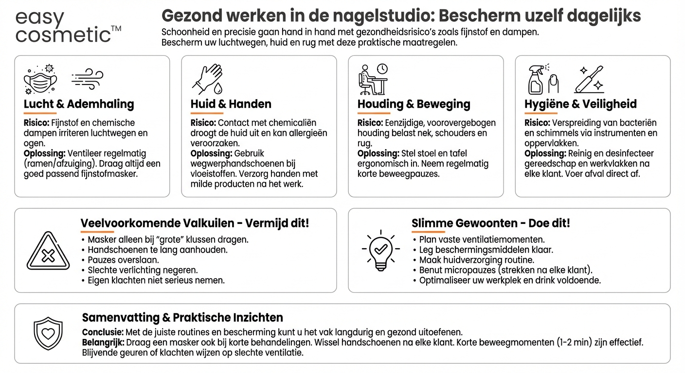 Welke beschermingsmaatregelen moeten medewerkers in de nagelstudio nemen voor hun eigen gezondheid?