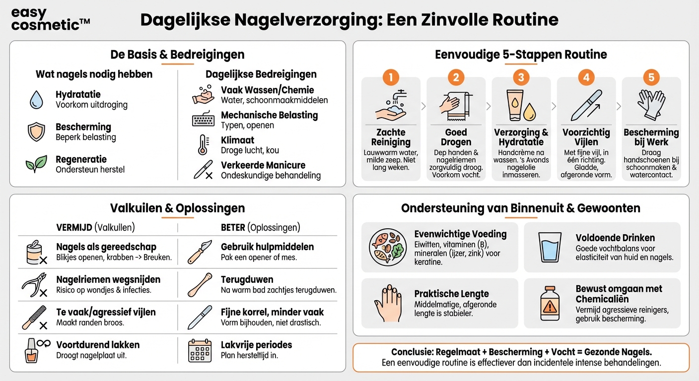 Welke dagelijkse routine ondersteunt op de lange termijn gezonde, goed verzorgde nagels?