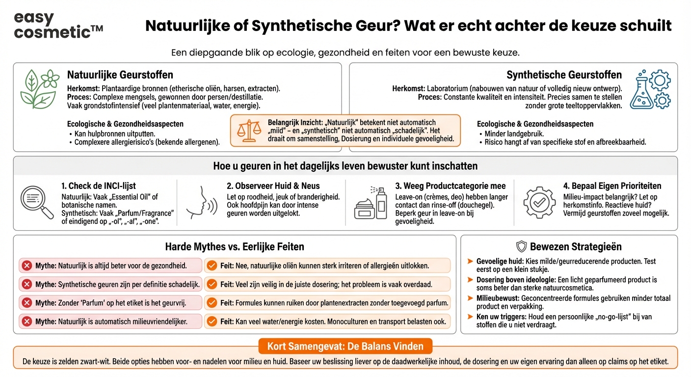 Welke ecologische of gezondheidsaspecten spelen een rol bij de keuze tussen synthetische en natuurlijke geurstoffen?