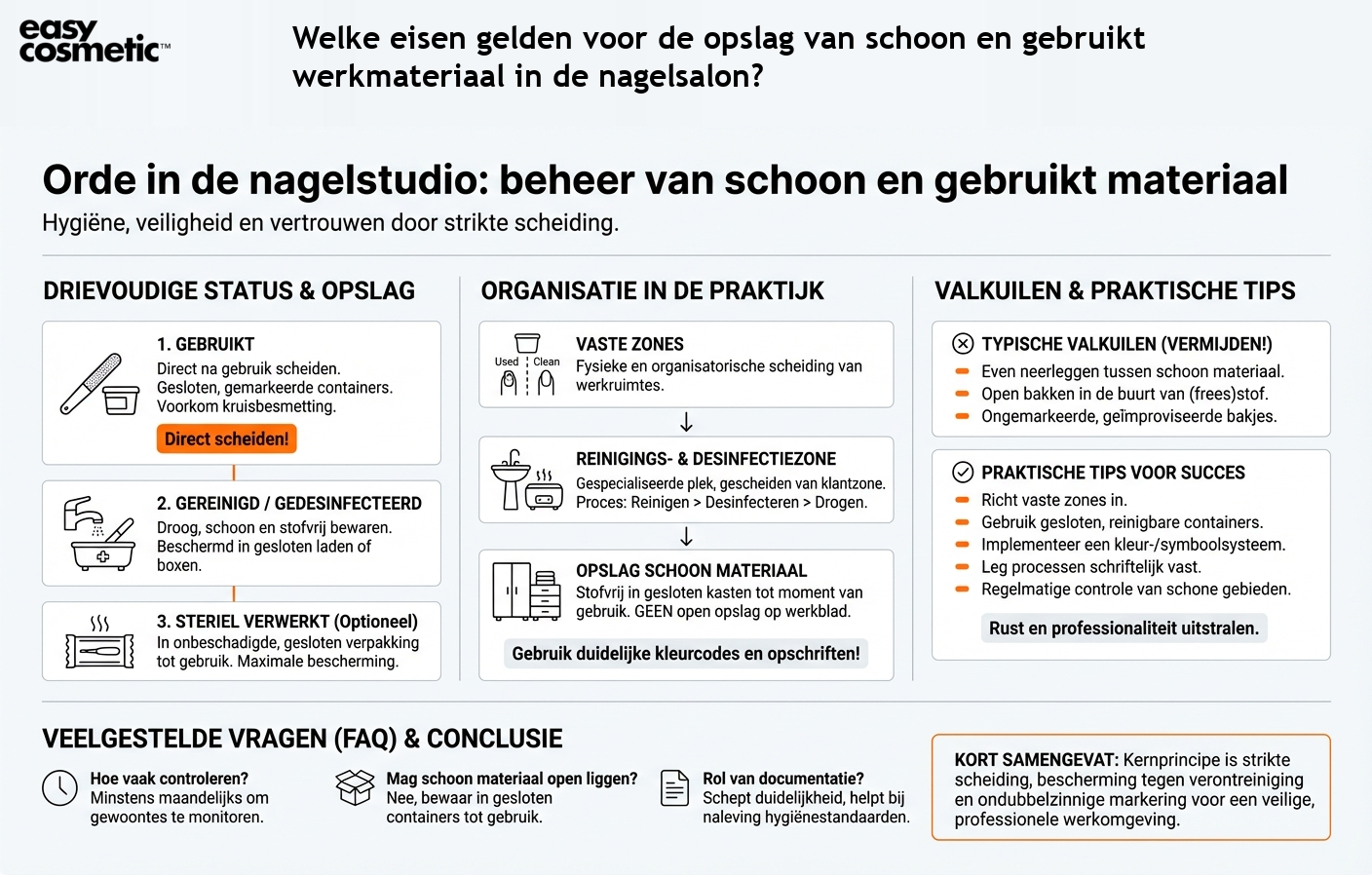 Welke eisen gelden voor de opslag van schoon en gebruikt werkmateriaal in de nagelsalon?
