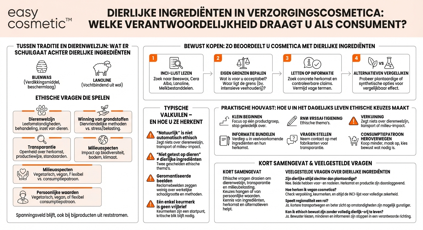 Welke ethische aspecten moeten in acht worden genomen bij het gebruik van dierlijke ingrediënten in verzorgingscosmetica (bijv. bijenwas, lanoline)?