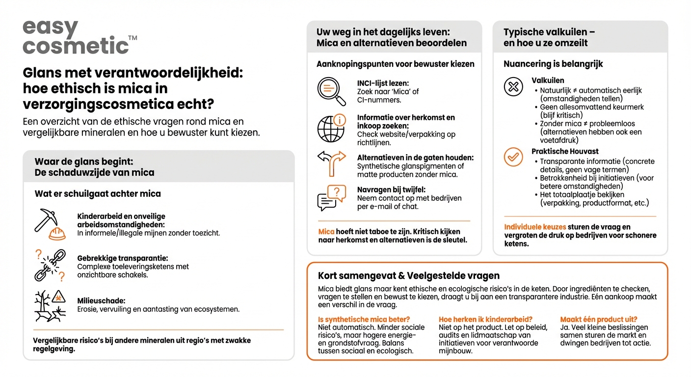 Welke ethische uitdagingen zijn er bij de winning en het gebruik van mineralen zoals mica in verzorgingscosmetica en hoe herken ik verantwoord verkregen alternatieven?