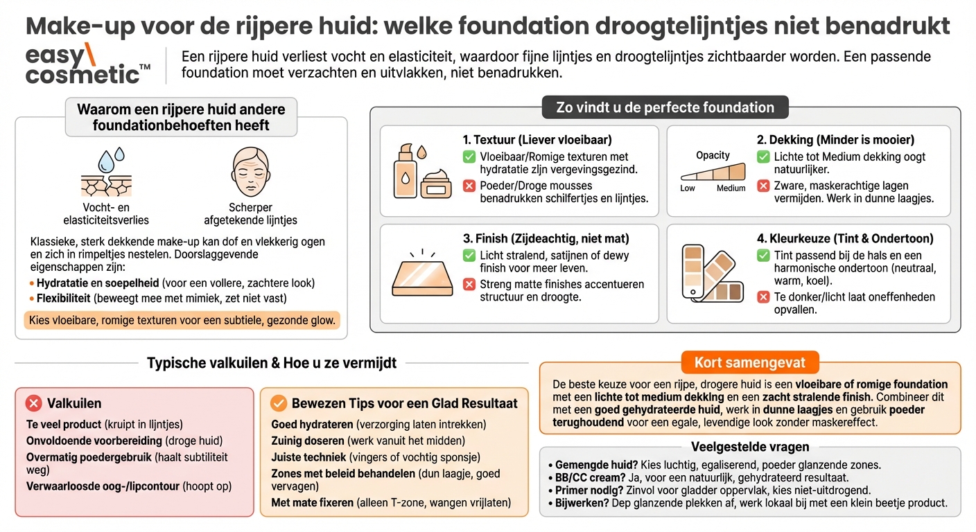 Welke foundation is geschikt voor een rijpe huid en benadrukt geen droogtelijntjes?