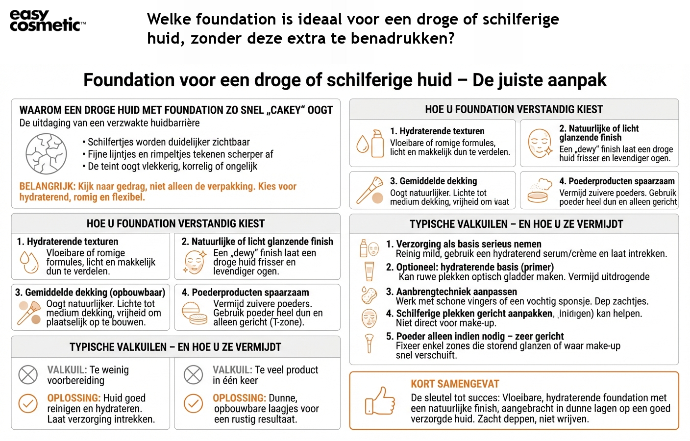 Welke foundation is ideaal voor een droge of schilferige huid, zonder deze extra te benadrukken?