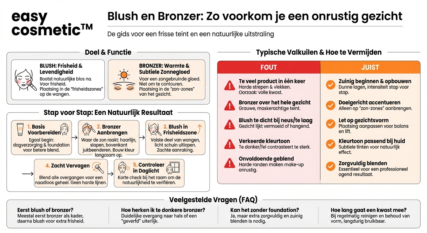 Welke fouten bij het aanbrengen van blush en bronzer moet ik vermijden?