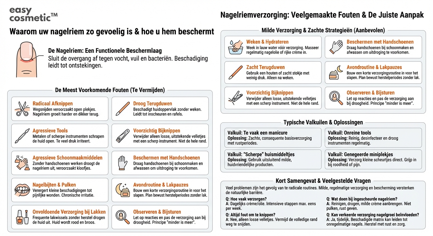 Welke fouten bij nagelriemverzorging leiden vaak tot beschadigingen of irritaties?
