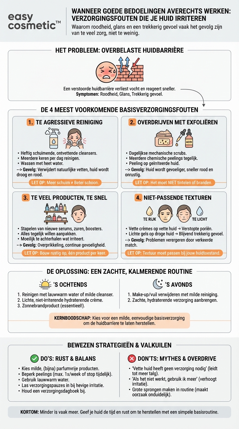 Welke fouten in de basis-huidverzorging verergeren vaak huidproblemen zoals roodheid, glans of een gespannen gevoel?