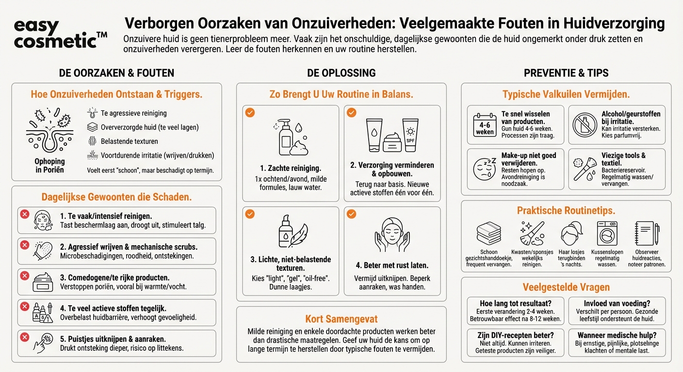 Welke fouten in de verzorgingsroutine verergeren onzuiverheden vaak ongemerkt?