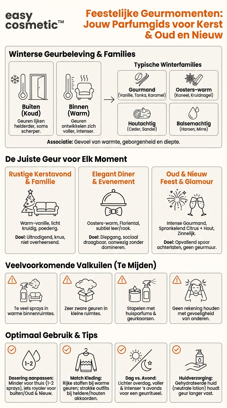 Welke geuren passen bij winterse feestdagen zoals Kerstmis of oudejaarsavondevenementen?