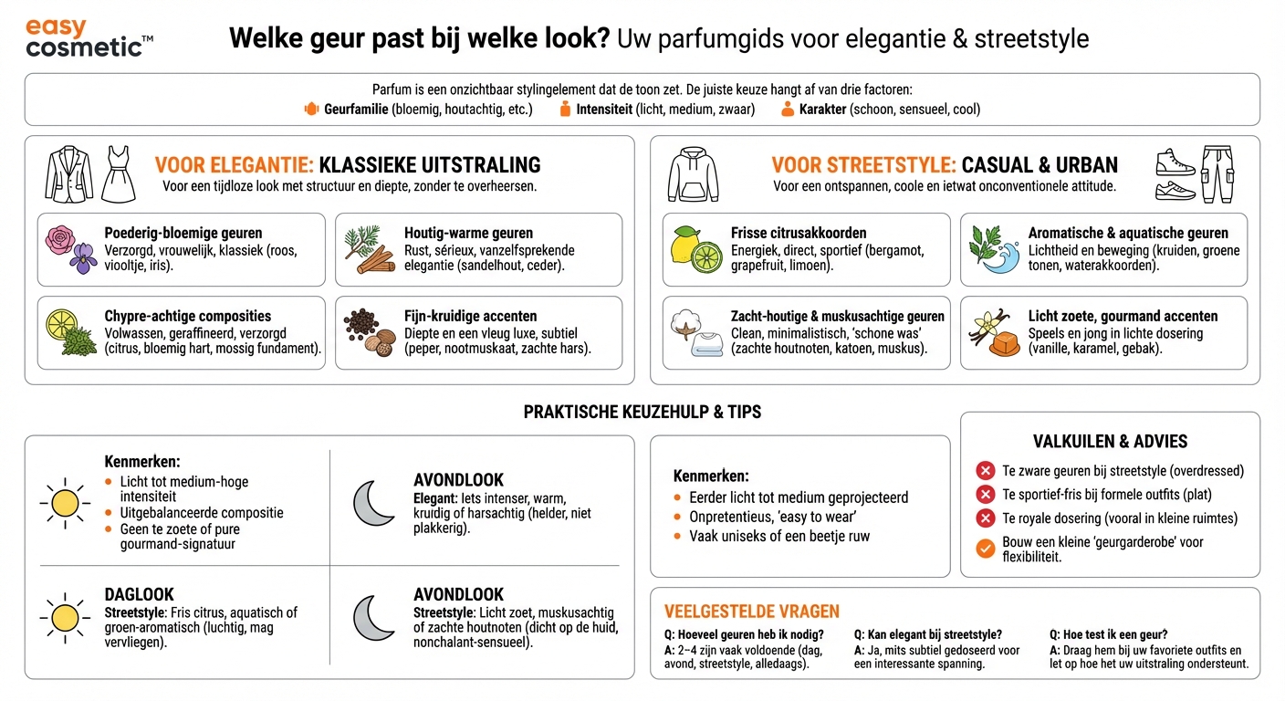 Welke geuren passen goed bij een zeer elegante, klassieke look en welke eerder bij een nonchalante streetstyle?