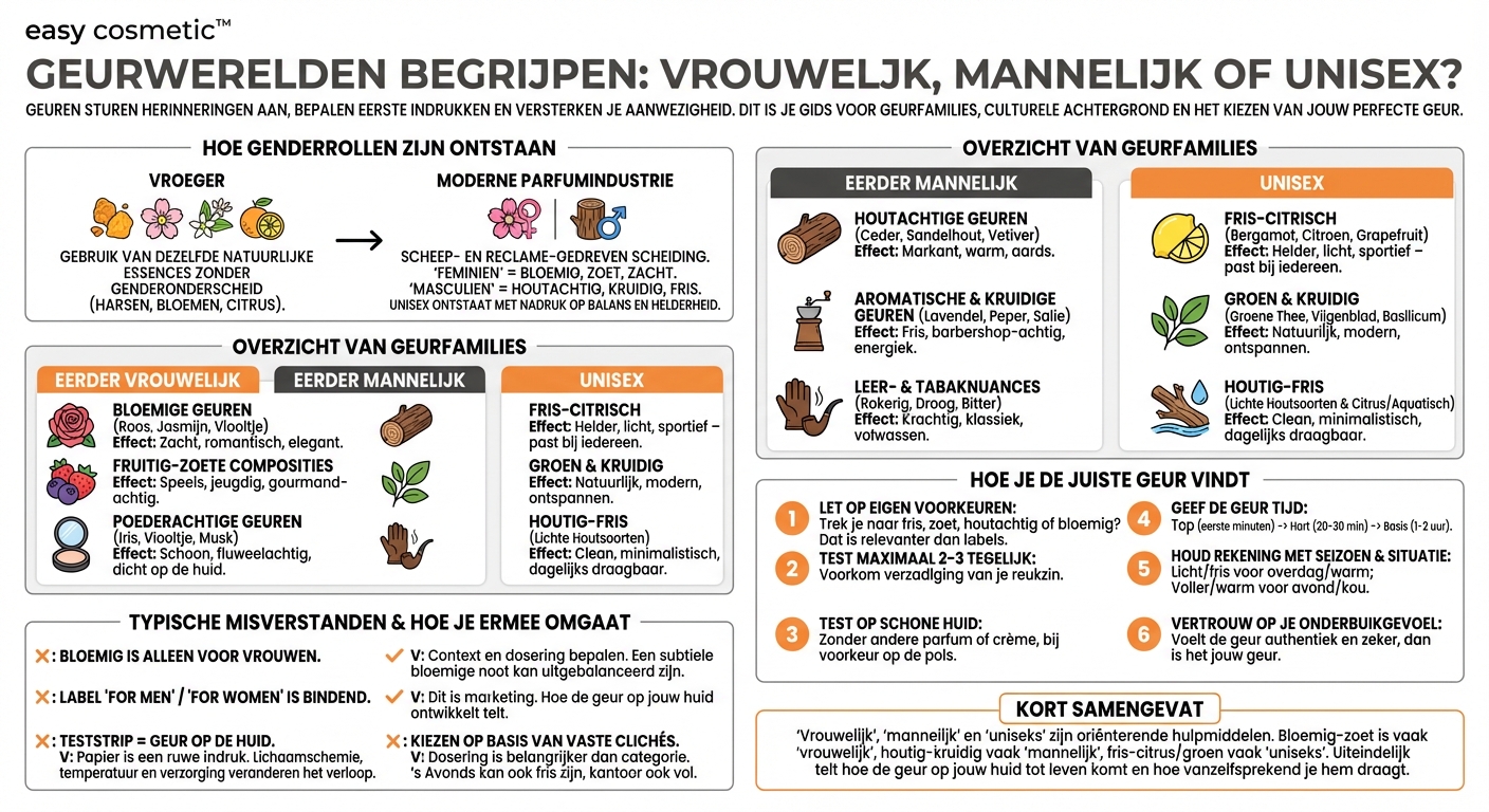 Welke geuren zijn eerder vrouwelijk, mannelijk of uniseks?