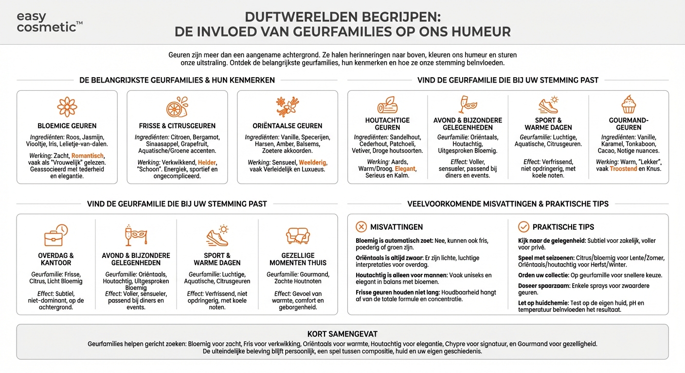 Welke geurfamilies (bijv. bloemig, oriëntaals, houtachtig) zijn er en hoe verschillen ze in hun werking?