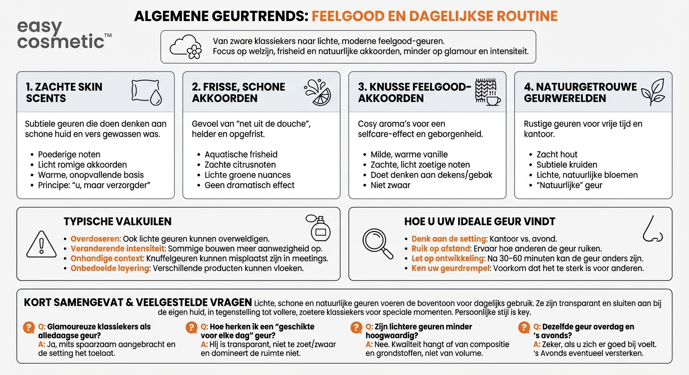 Welke geurrichtingen domineren momenteel het segment alledaagse en feelgood-geuren in tegenstelling tot glamoureuze klassiekers?