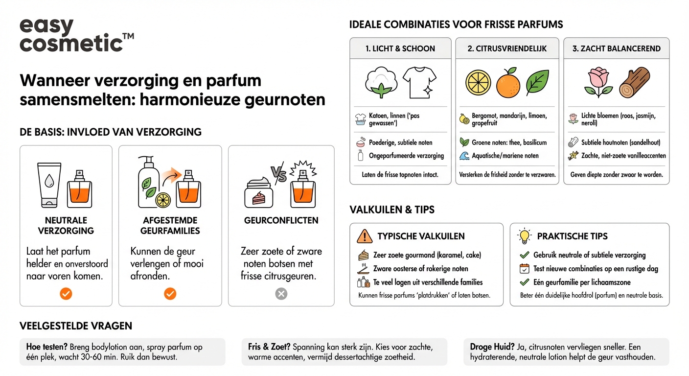 Welke geurtonen in verzorgingsproducten harmoneren bijzonder goed met frisse of citrusachtige parfums?