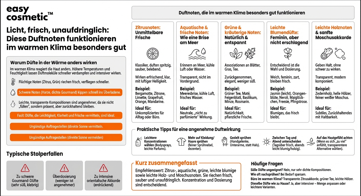 Welke geurtonen zijn bijzonder geschikt voor warme klimaten zonder te zwaar over te komen?