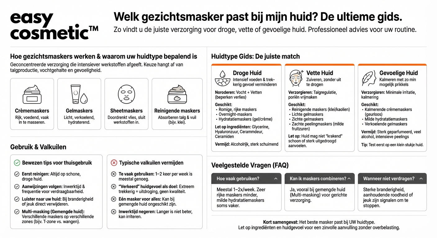 Welke gezichtsmaskers zijn geschikt voor een droge, vette of gevoelige huid?