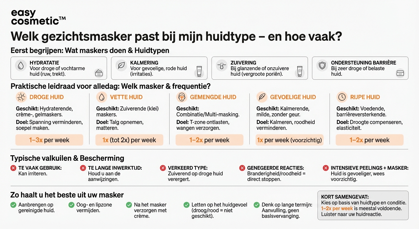 Welke gezichtsmaskers zijn geschikt voor mijn huidtype en hoe vaak moet ik ze gebruiken?