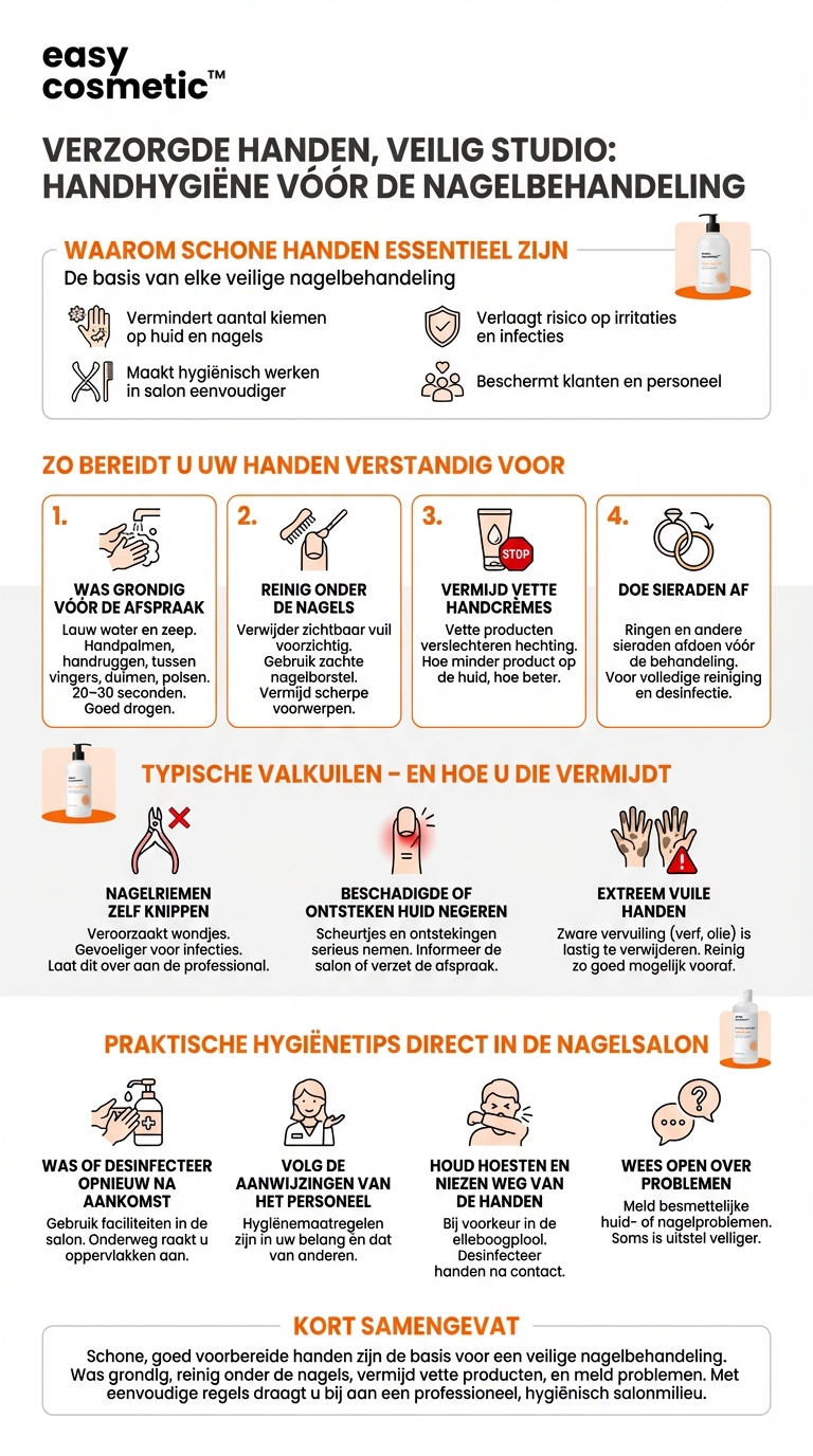 Welke handhygiëneregels moeten klanten volgen vóór een behandeling in de nagelsalon?