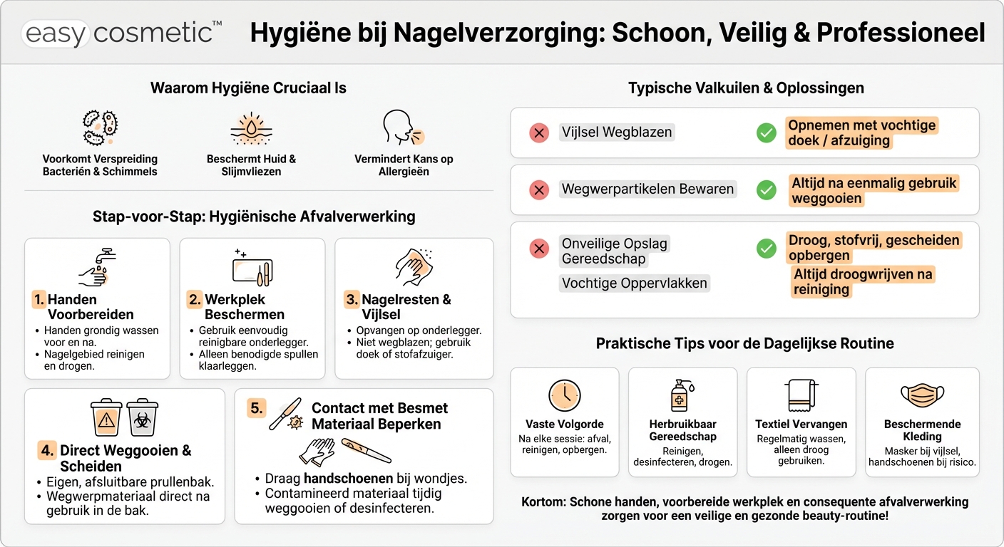 Welke hygiënemaatregelen moeten worden gevolgd bij het omgaan met afval, nagelresten en besmet materiaal?