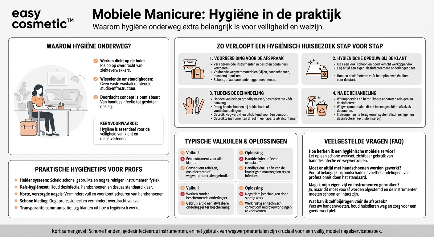 Welke hygiënemaatregelen moeten worden gevolgd bij mobiele nagelbehandelingen (huisbezoeken)?