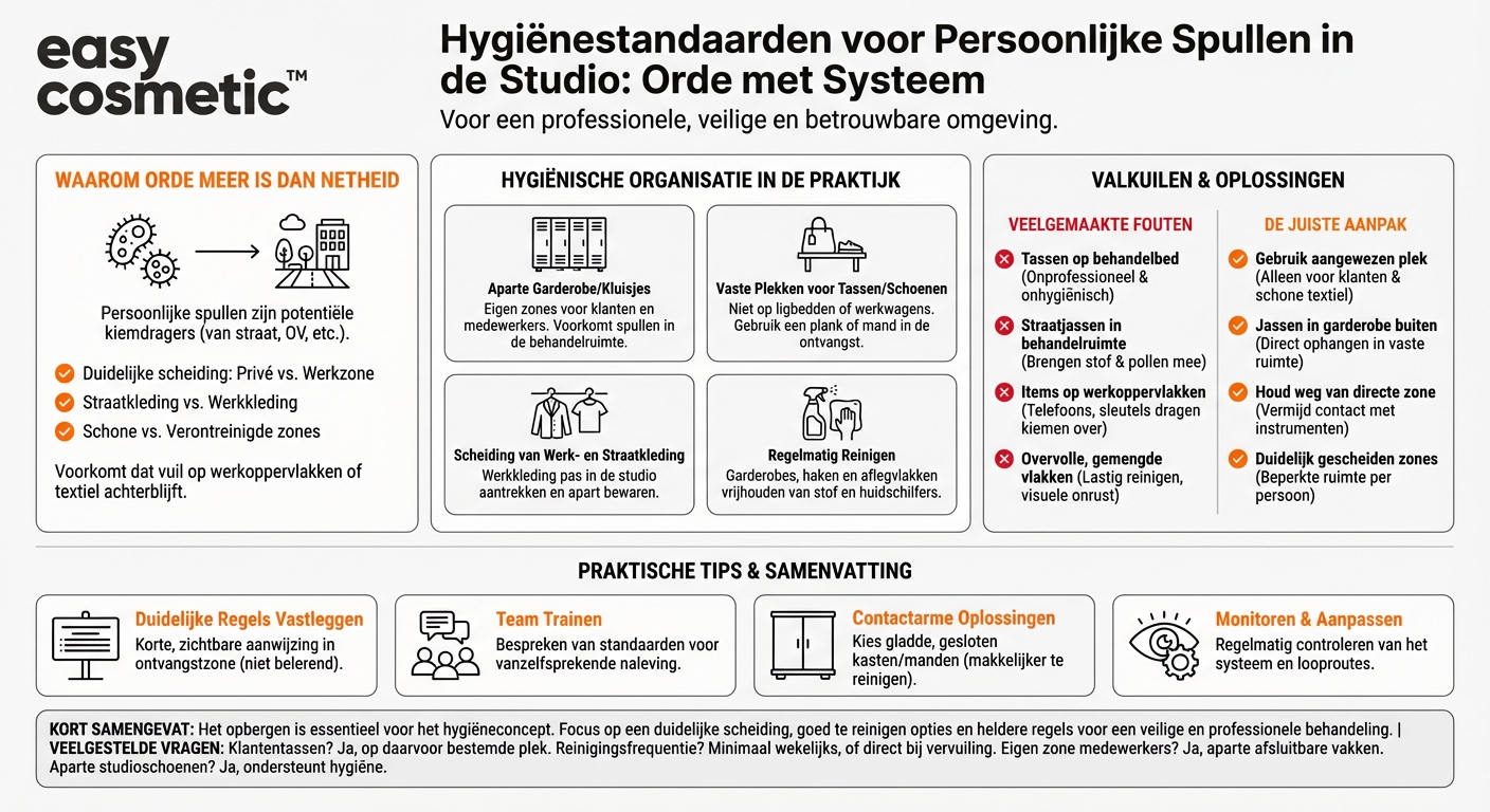 Welke hygiënestandaarden gelden voor de opslag van persoonlijke eigendommen van klanten en medewerkers in de salon?