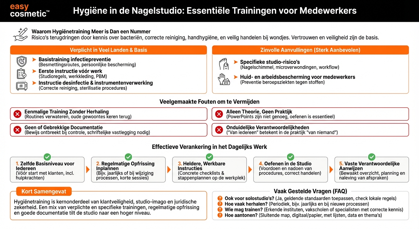 Welke hygiënetrainingen zijn zinvol of verplicht voor medewerkers in nagelstudio’s?