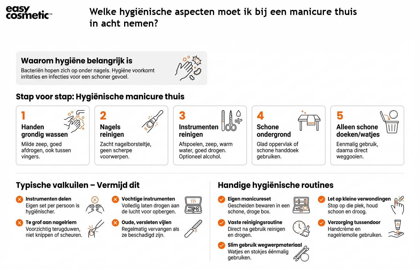 Welke hygiënische aspecten moet ik bij een manicure thuis in acht nemen?
