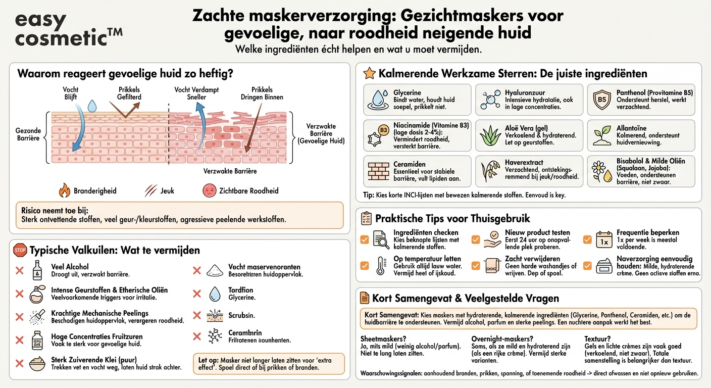 Welke ingrediënten in maskers zijn bijzonder geschikt voor een gevoelige huid of een huid die snel rood wordt?