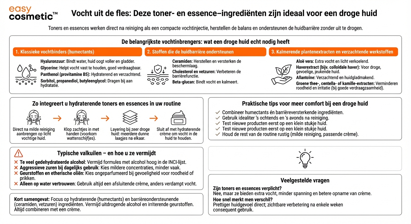 Welke ingrediënten in toners en essences zijn bijzonder geschikt voor een droge huid?