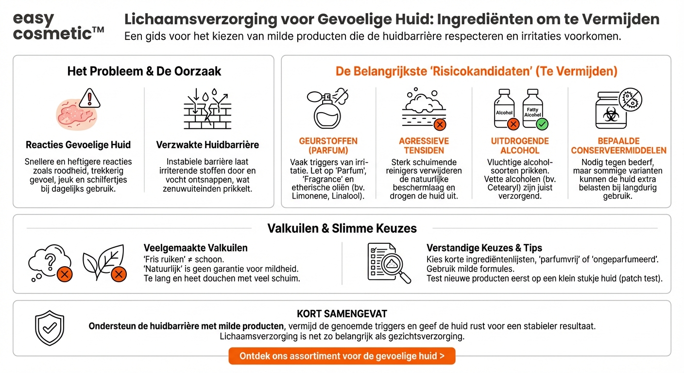 Welke ingrediënten kun je in lichaamsverzorgingsproducten bij een gevoelige huid beter vermijden?