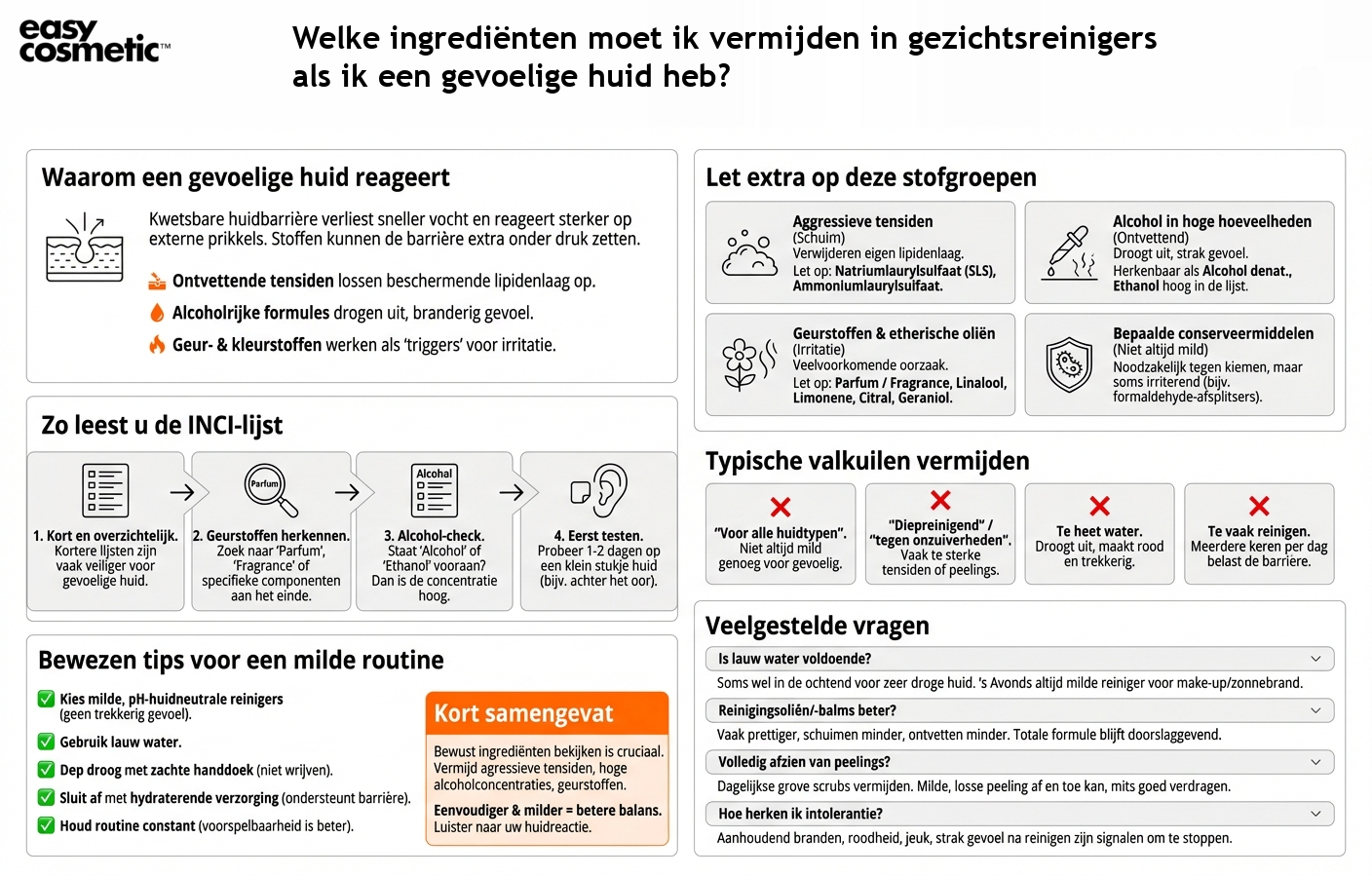 Welke ingrediënten moet ik vermijden in gezichtsreinigers als ik een gevoelige huid heb?