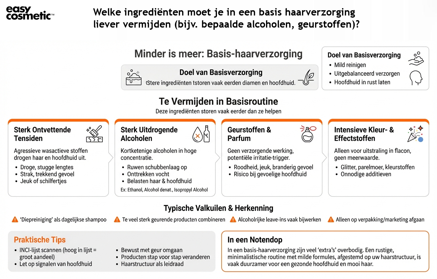 Welke ingrediënten moet je in een basis haarverzorging liever vermijden (bijv. bepaalde alcoholen, geurstoffen)?