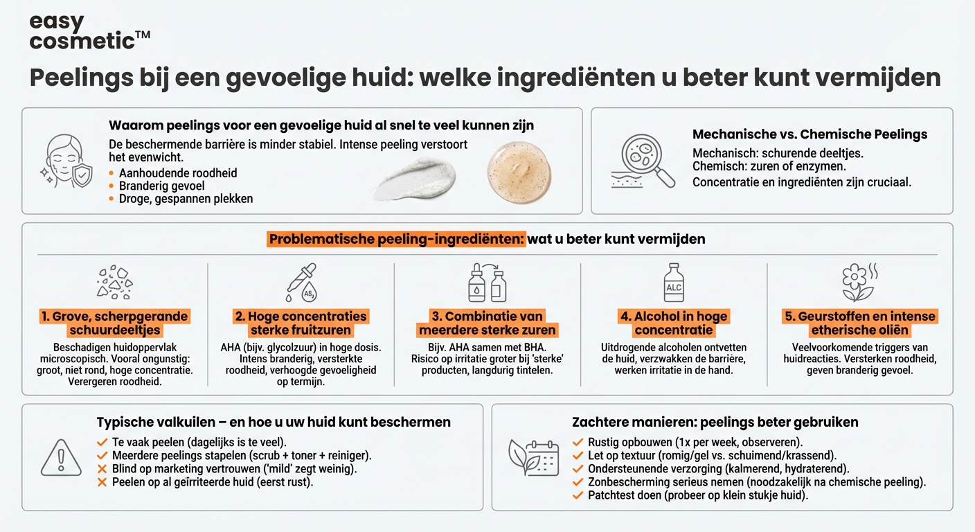 Welke ingrediënten moet je in een peeling vermijden bij een gevoelige of roodheidsgevoelige huid?