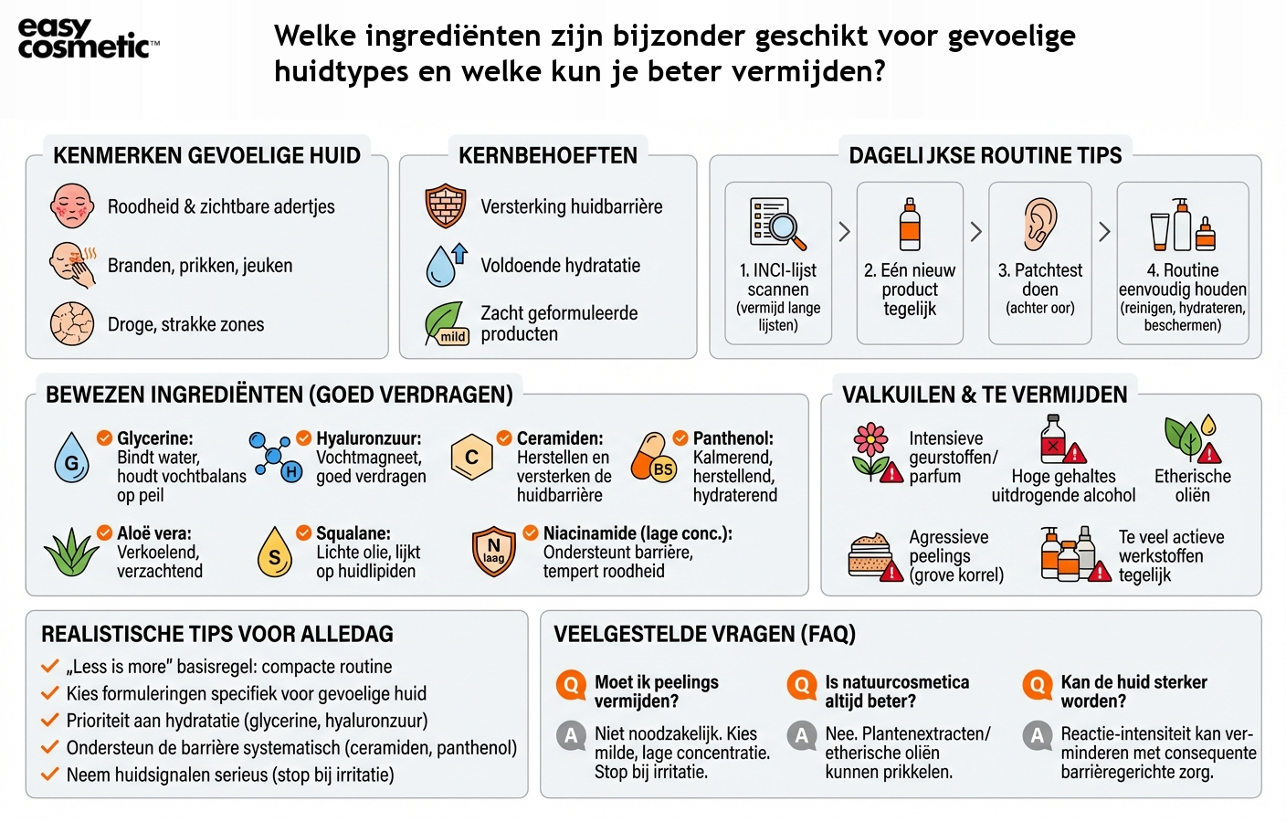 Welke ingrediënten zijn bijzonder geschikt voor gevoelige huidtypes en welke kun je beter vermijden?