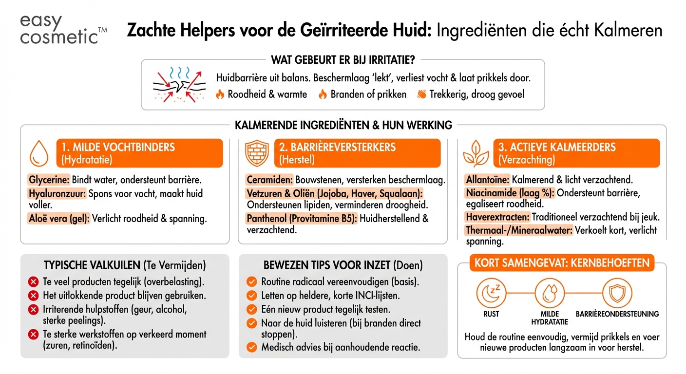 Welke ingrediënten zijn geschikt om gestreste of geïrriteerde huid te kalmeren na een reactie op een product?