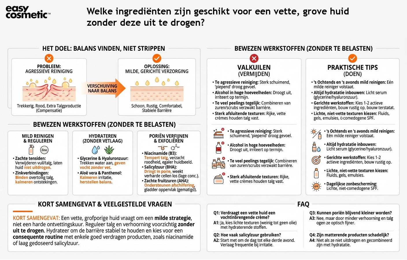 Welke ingrediënten zijn geschikt voor een vette, grove huid zonder deze uit te drogen?