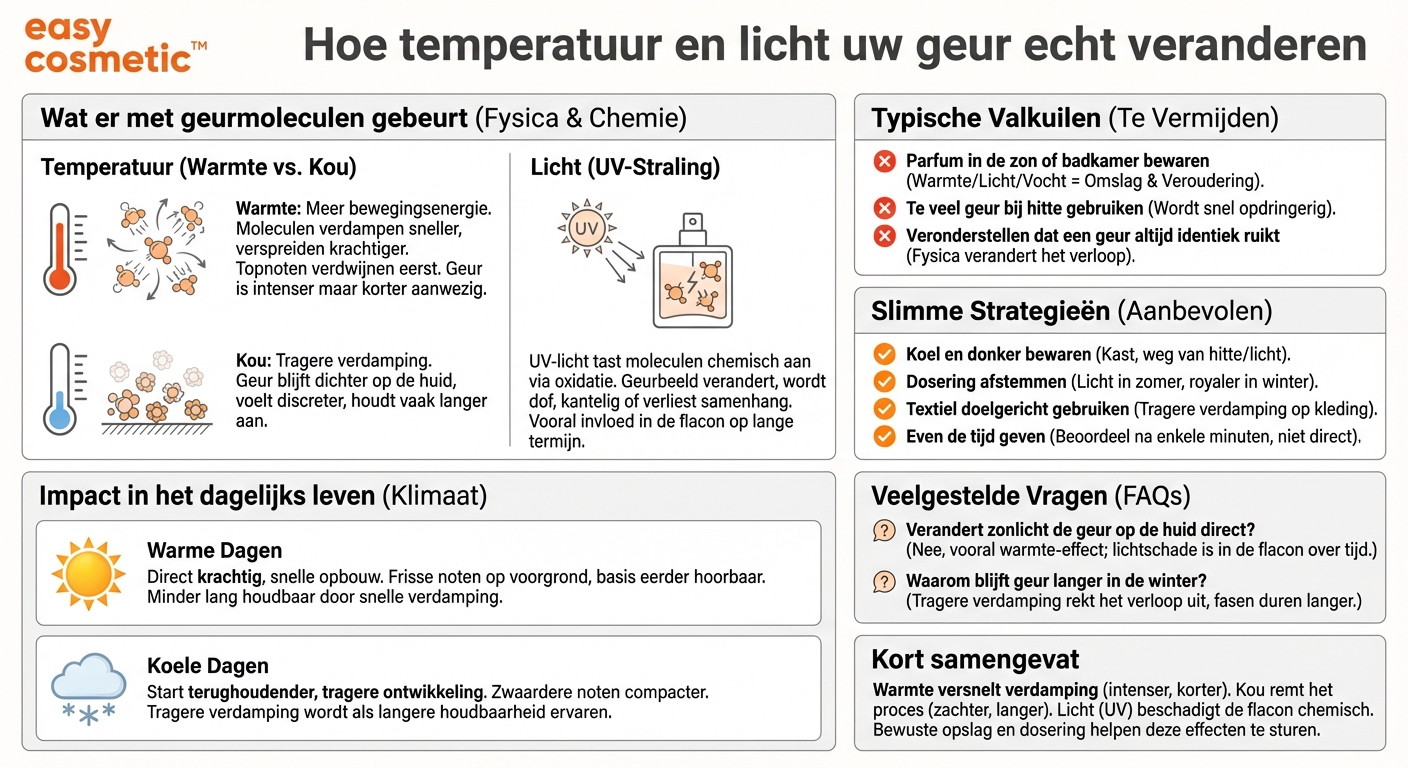 Welke invloed hebben temperatuur en licht fysisch op de geurmoleculen van een parfum tijdens het dragen?