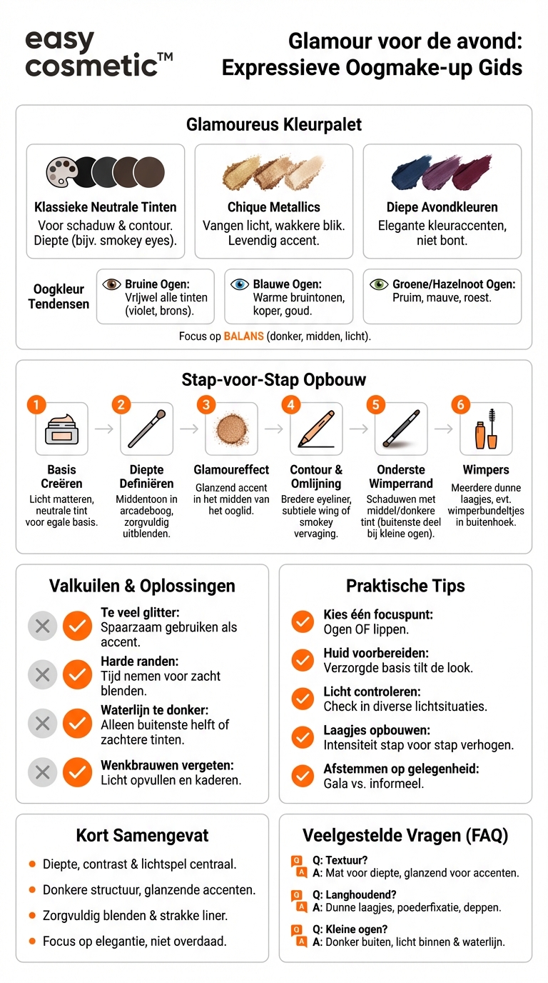 Welke kleuren en technieken zijn geschikt voor een glamoureuze avondmake-up van de ogen?